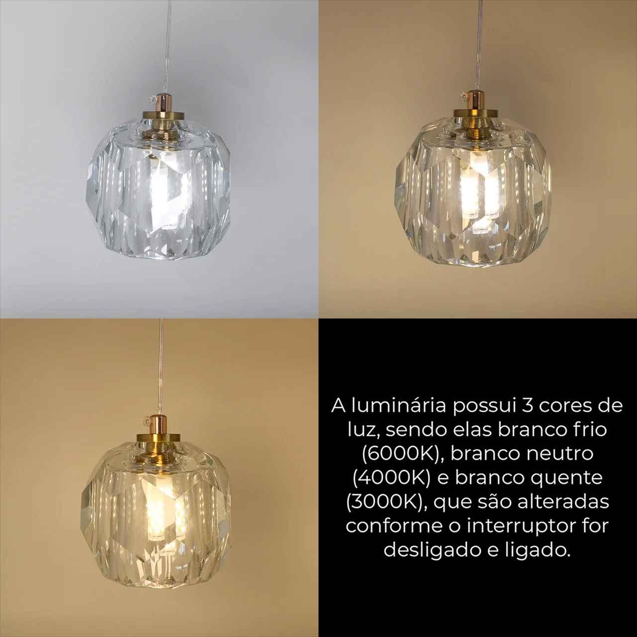 Luminária Pendente Lustre Cristal Dourado