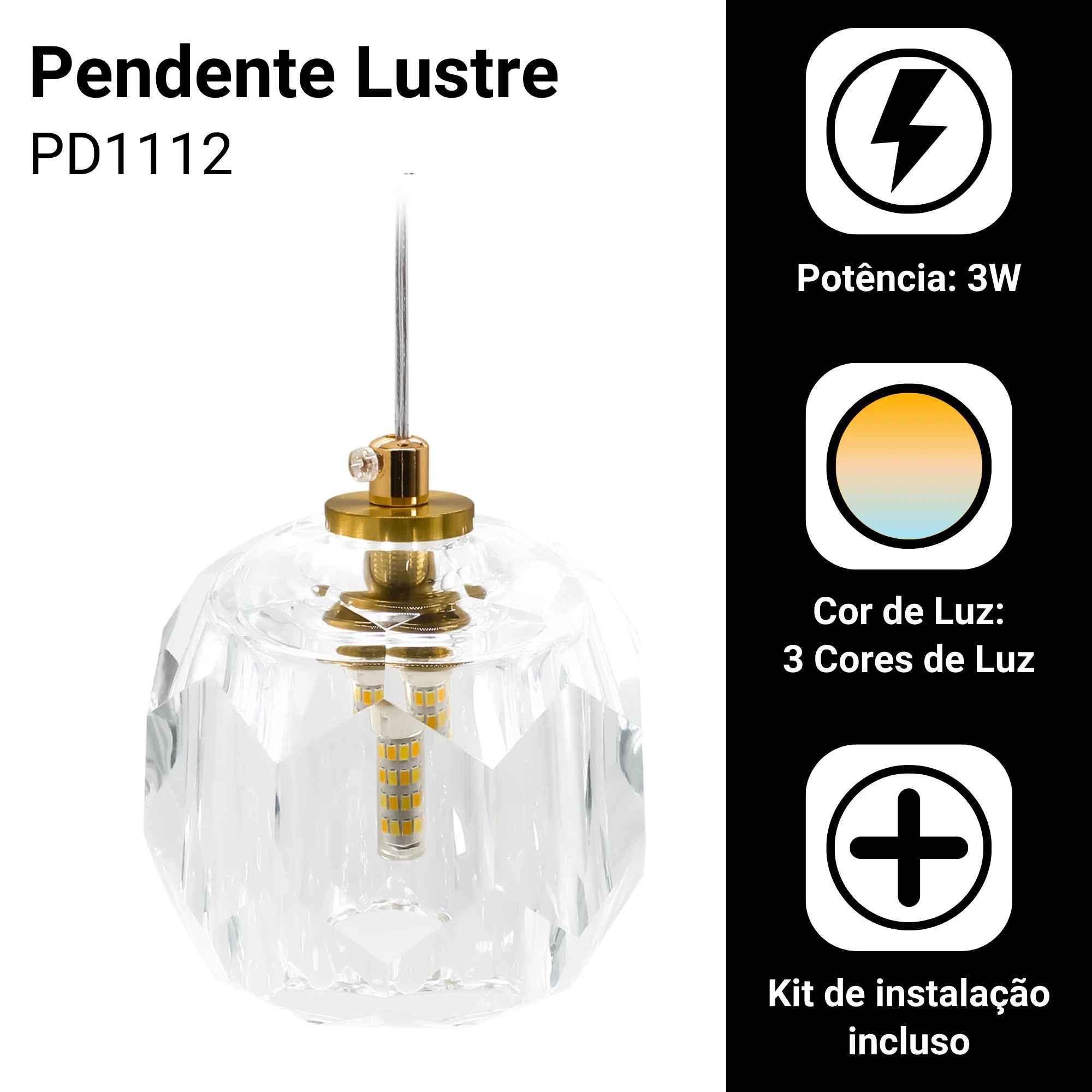 Luminária Pendente Lustre Cristal Dourado